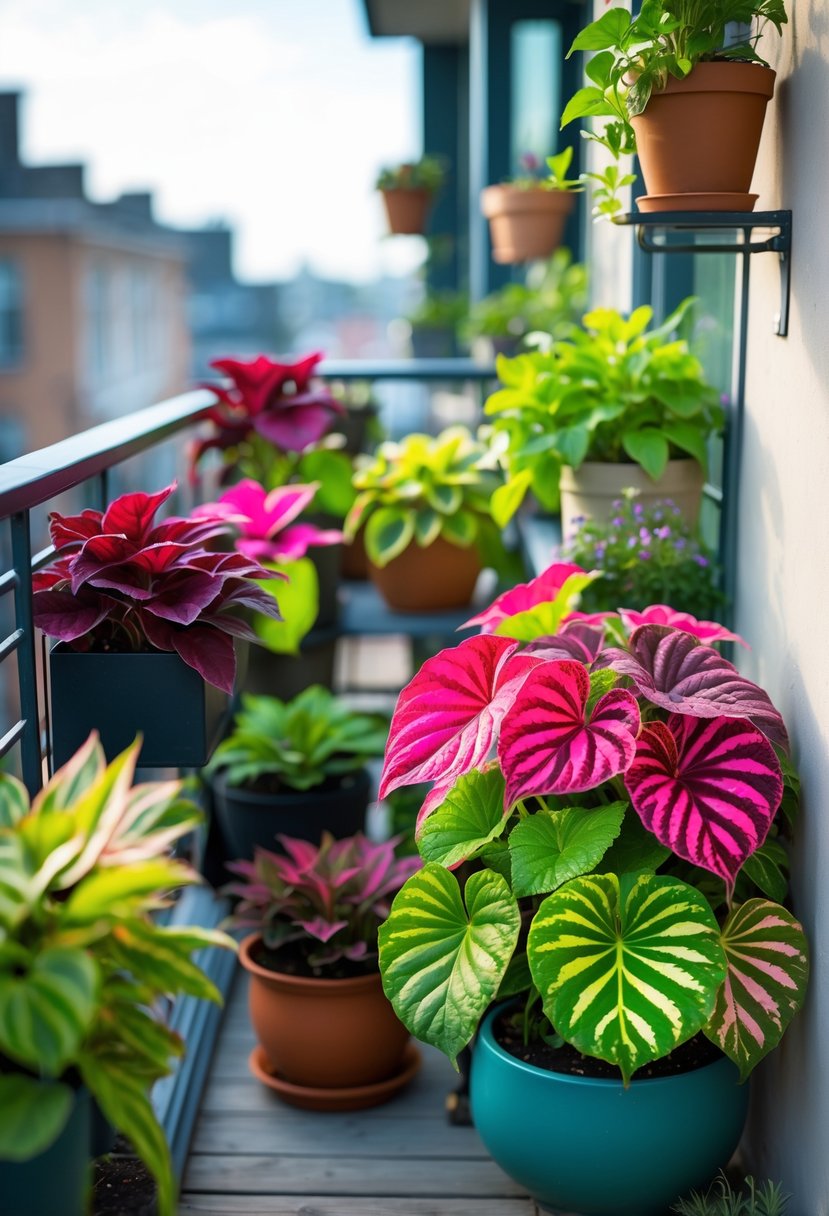 A small balcony filled with colorful Coleus plants in various pots, displaying vibrant red, pink, green, and purple leaves under natural sunlight.