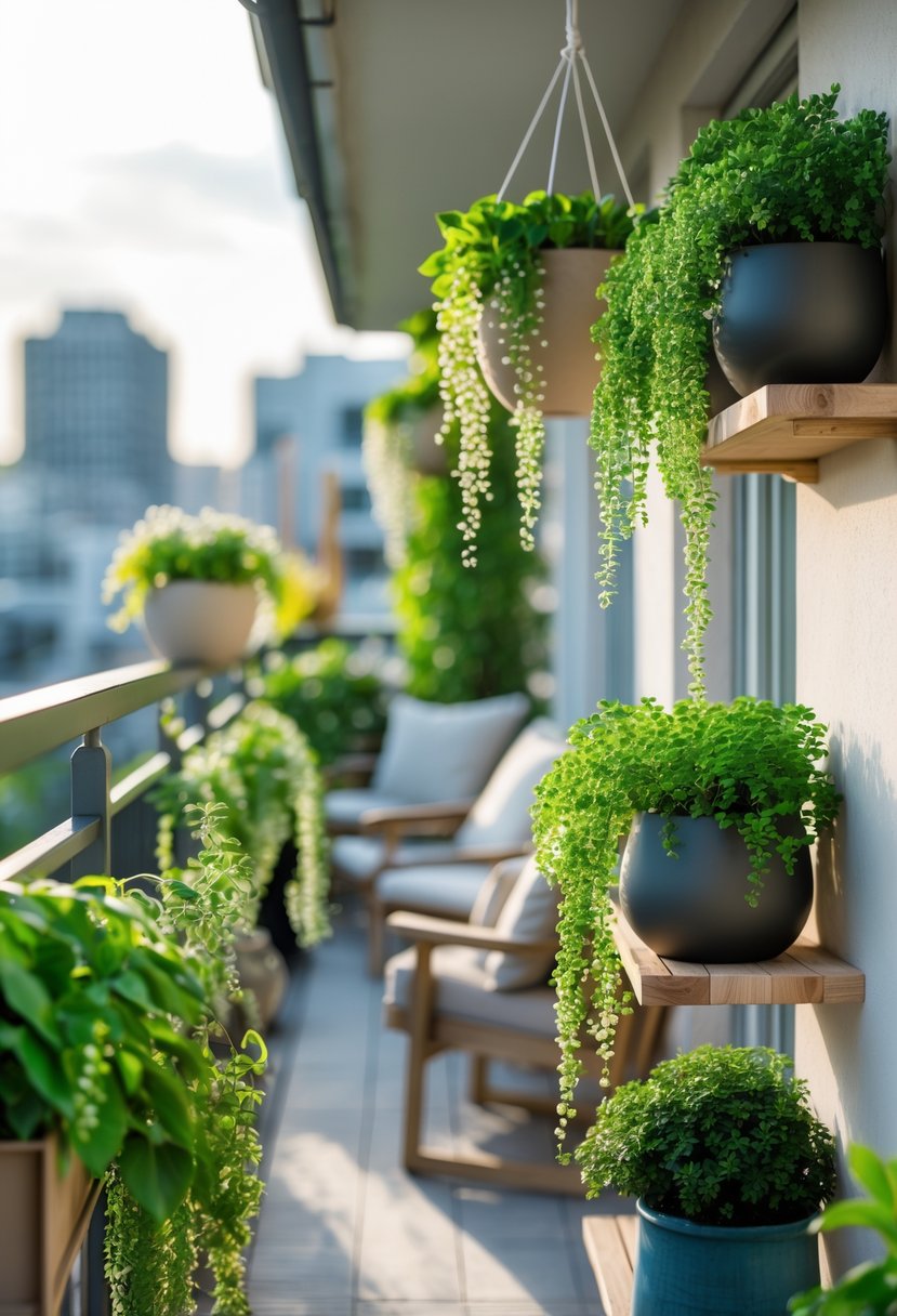 A small balcony decorated with trailing string of pearls plants in pots, featuring outdoor furniture and a cityscape background.