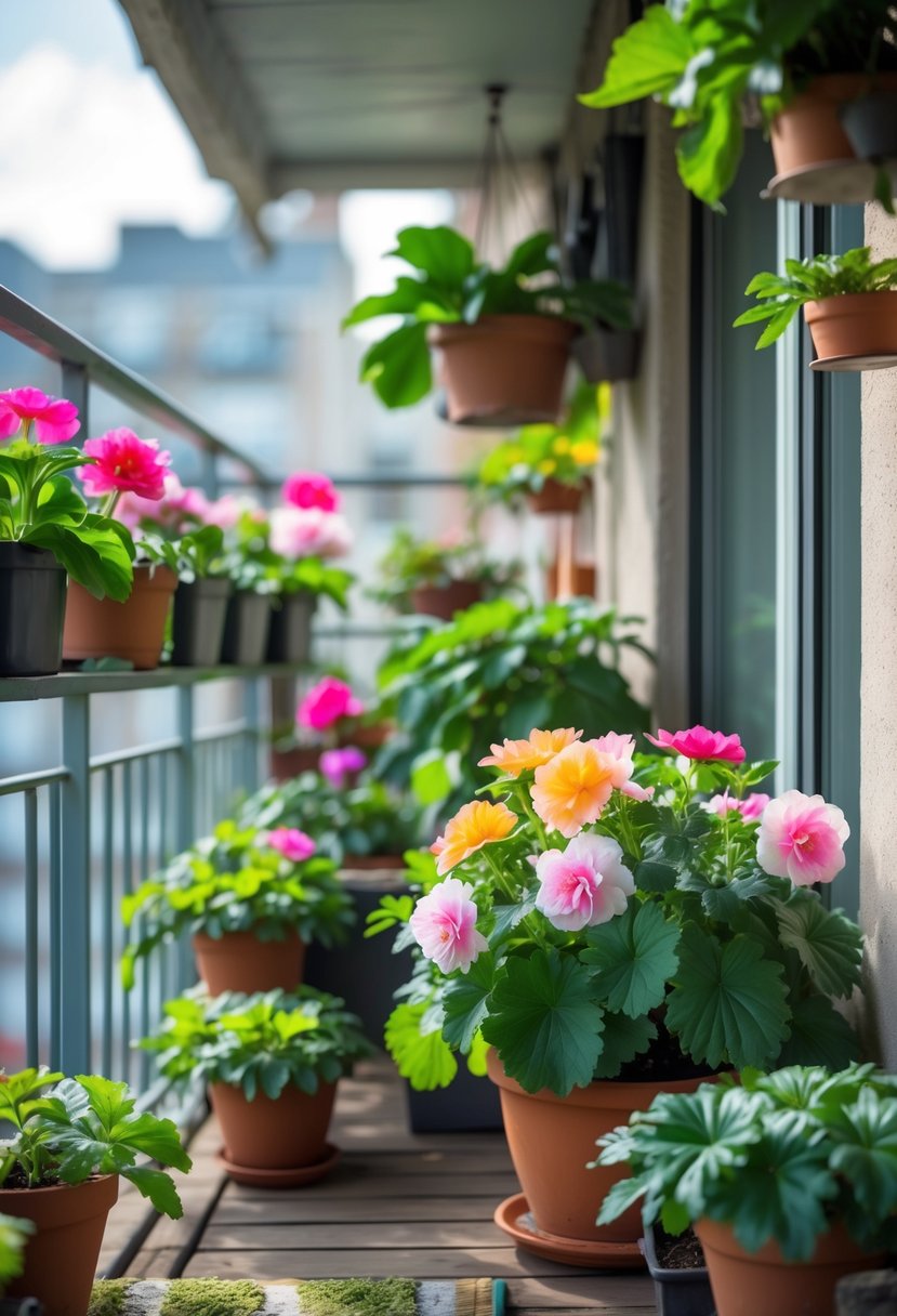 A small balcony garden filled with colorful begonias and other shade-loving plants arranged in pots and hanging containers.