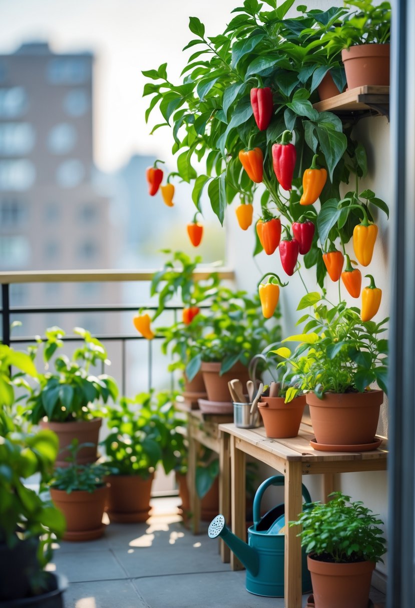 A small balcony filled with colorful ornamental pepper plants in pots, showing bright peppers and green leaves under natural sunlight.
