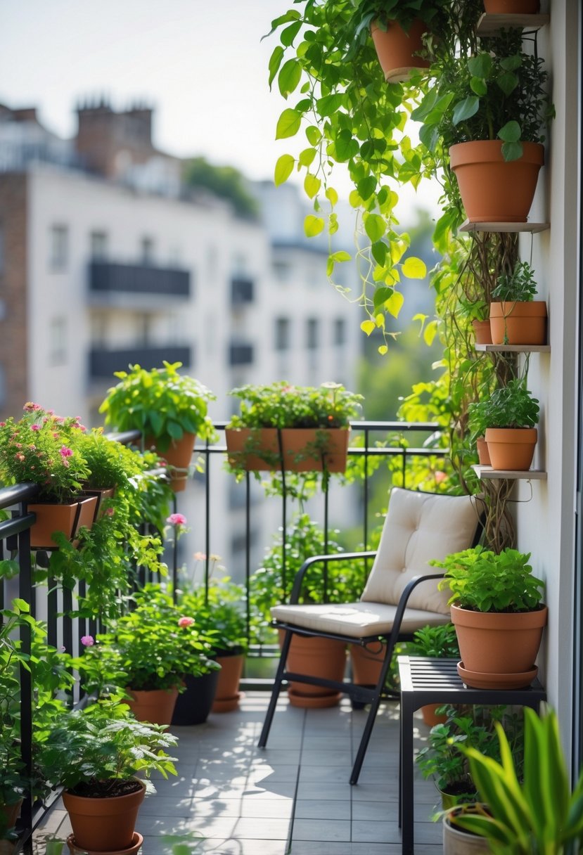 A small balcony filled with various potted plants, hanging planters, and a small seating area, creating a green and cozy outdoor space.