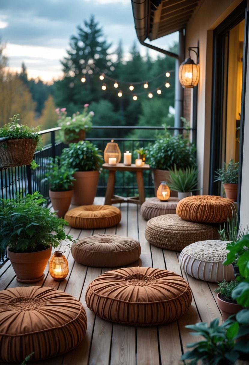 A balcony with floor cushions and poufs, plants, and a small wooden table creating a cozy outdoor seating area.