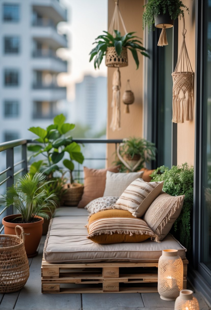 Outdoor balcony with a pallet bench covered in layered cushions surrounded by plants and decorative items.