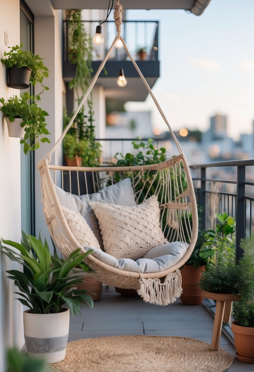 A balcony with a low hammock chair surrounded by plants and soft lighting, creating a relaxing outdoor seating area.