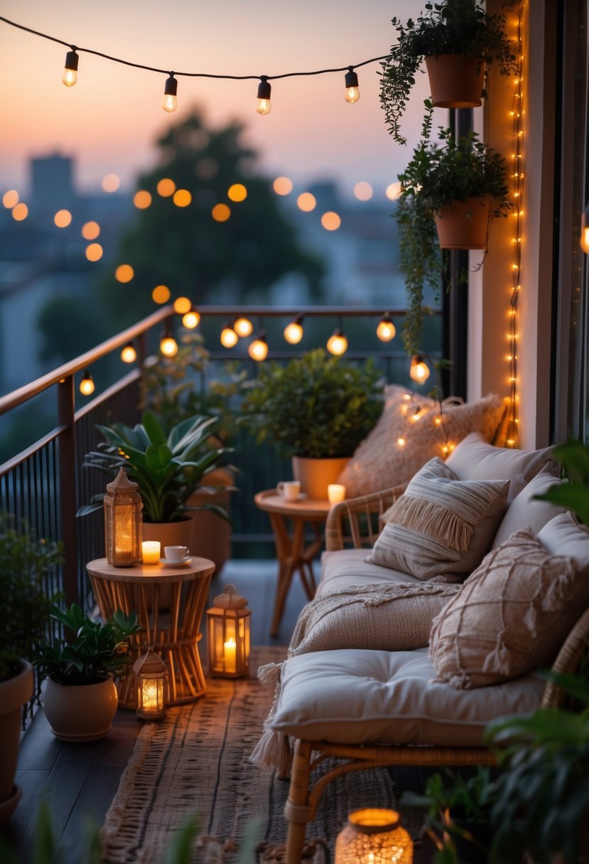 A cozy balcony at dusk with warm string lights and lanterns, comfortable seating, plants, and a small table.