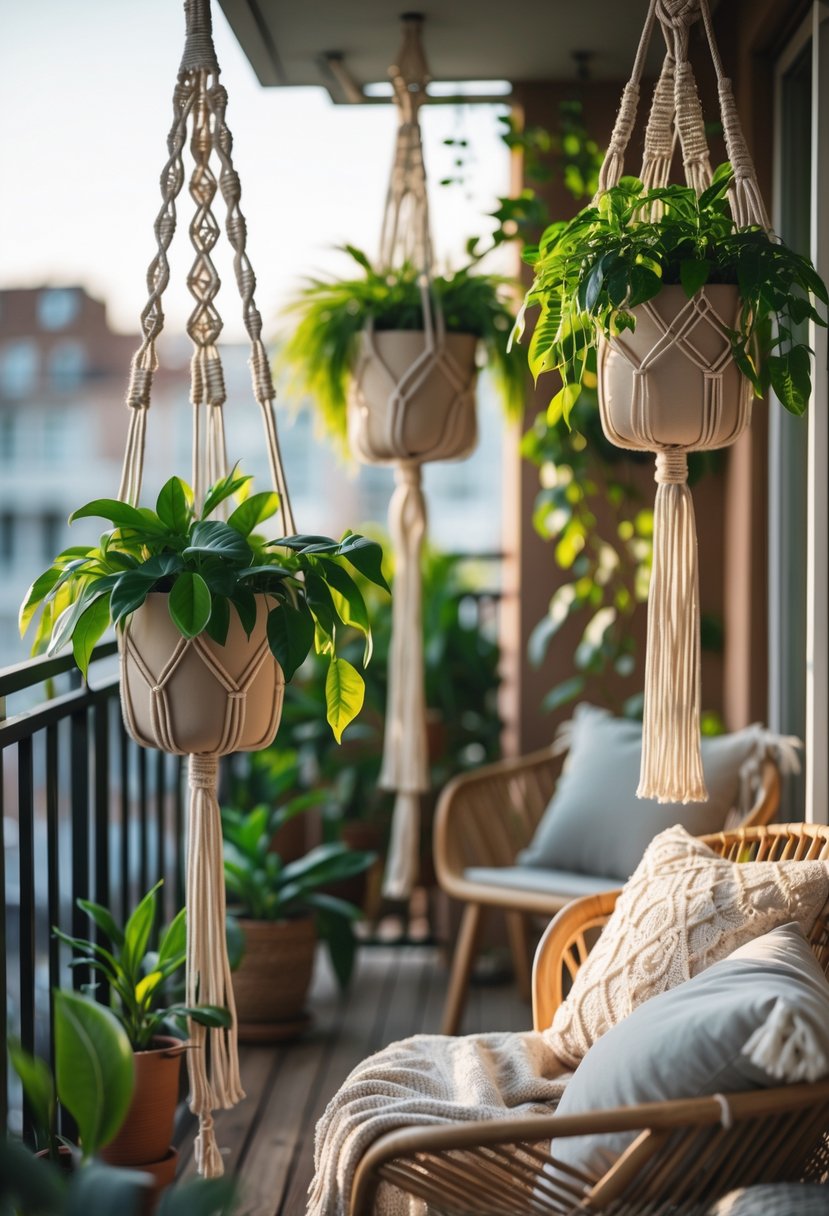 A balcony with macramé plant hangers holding lush green plants and cozy outdoor furniture.
