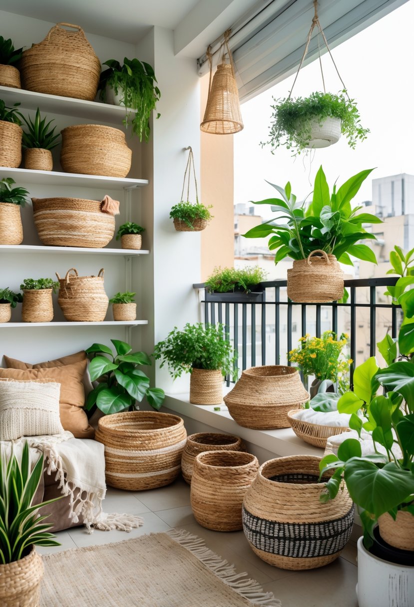 A balcony with various woven baskets used for storage, surrounded by green plants and cozy cushions, bathed in natural light.