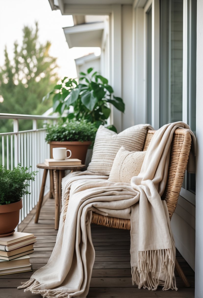 A balcony with layered natural fiber throw blankets on a wooden bench and wicker chair, surrounded by potted plants and a small table with a mug and books.