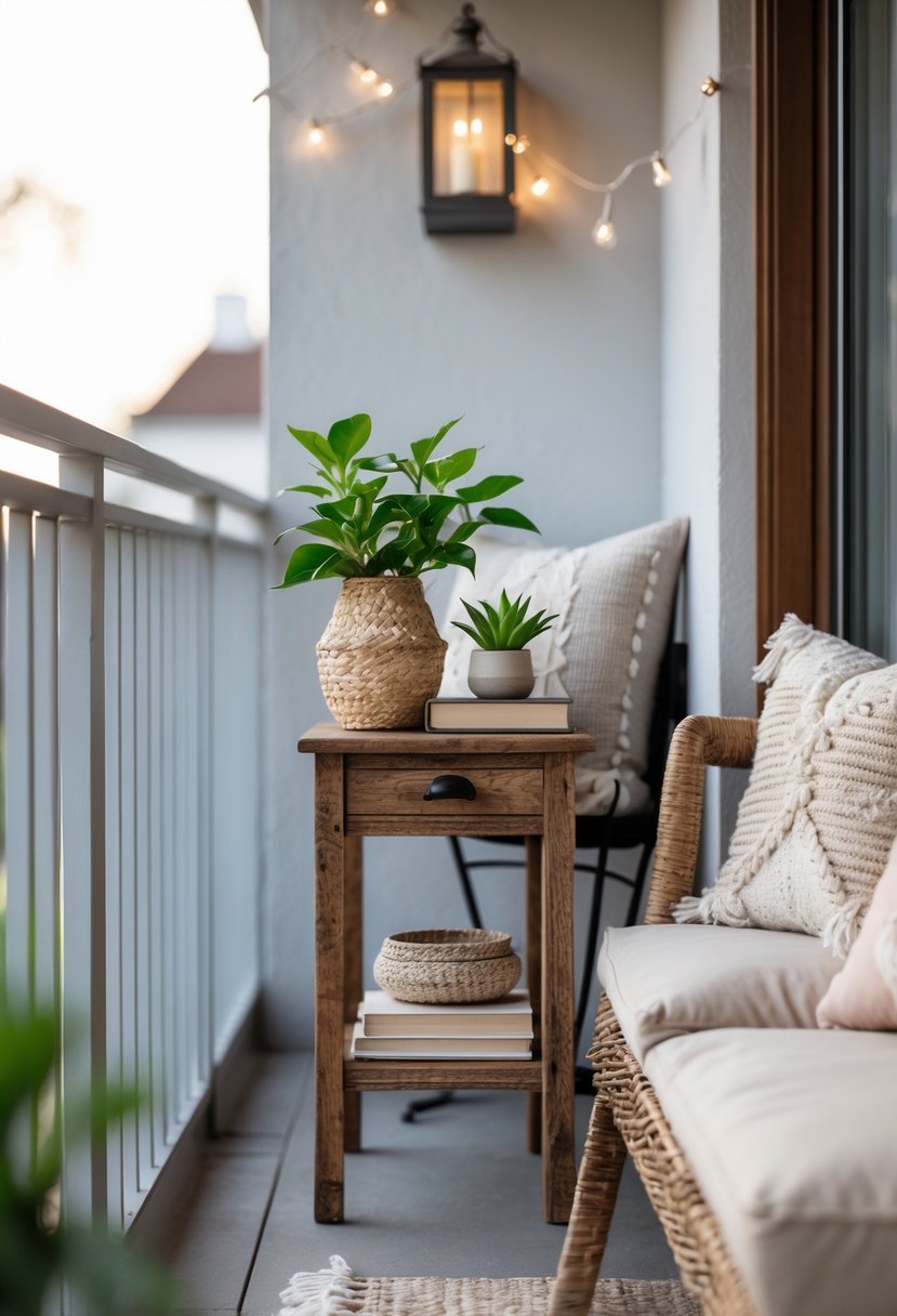 A small wooden side table on a balcony with plants, books, and cozy seating in natural light.