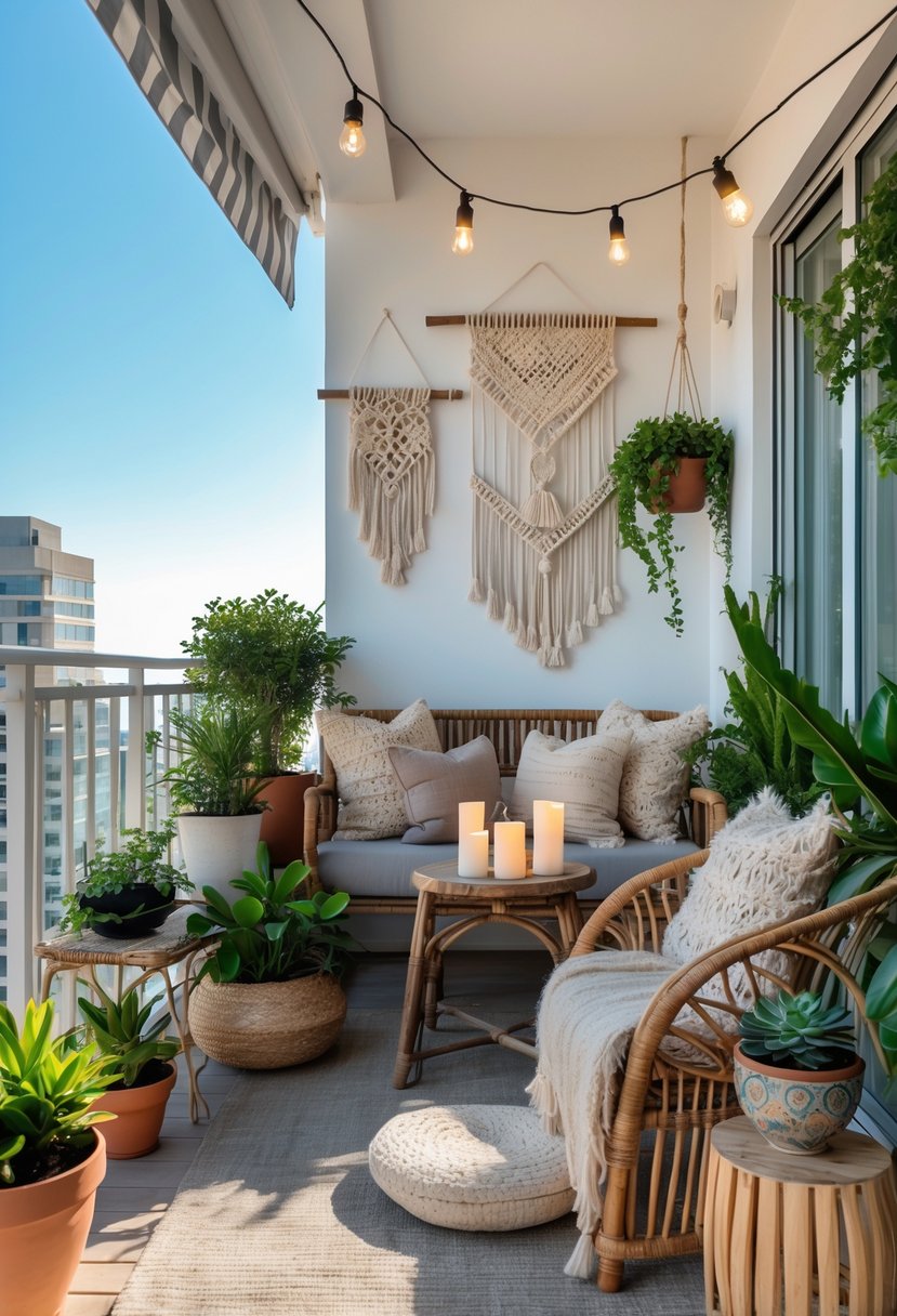 A balcony with plants, cushions, a wooden bench, a small table with candles, and string lights, overlooking a cityscape.