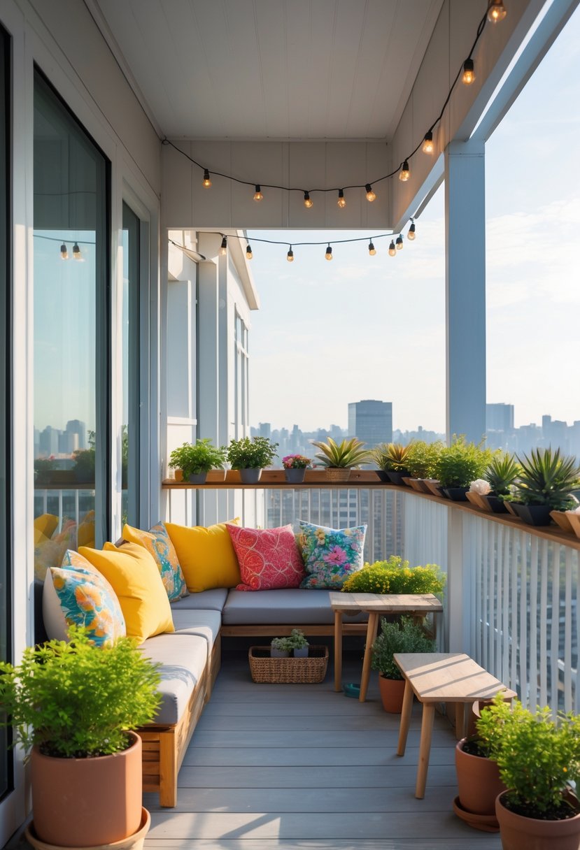 12 Budget-Friendly Closed Balcony Designs for Under $100 2 A cozy closed balcony with seating, potted plants, and natural light through large glass windows overlooking a city.