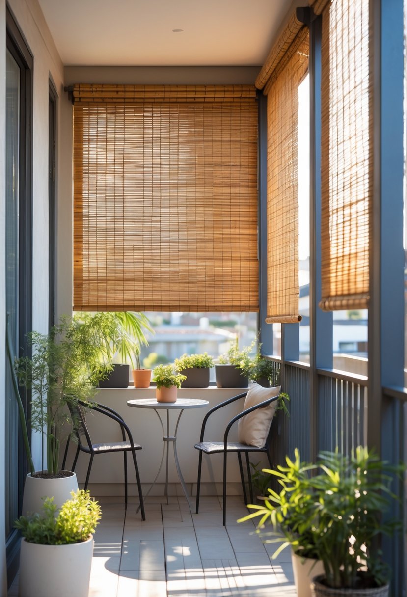 12 Budget-Friendly Closed Balcony Designs for Under $100 3 A closed balcony with retractable bamboo blinds partially lowered, featuring outdoor furniture and potted plants in natural daylight.