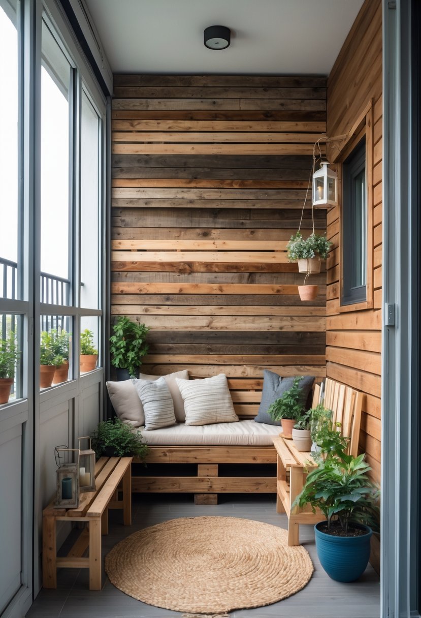 12 Budget-Friendly Closed Balcony Designs for Under $100 4 A small closed balcony with wooden walls, a bench with cushions, plants, and natural light coming through the windows.
