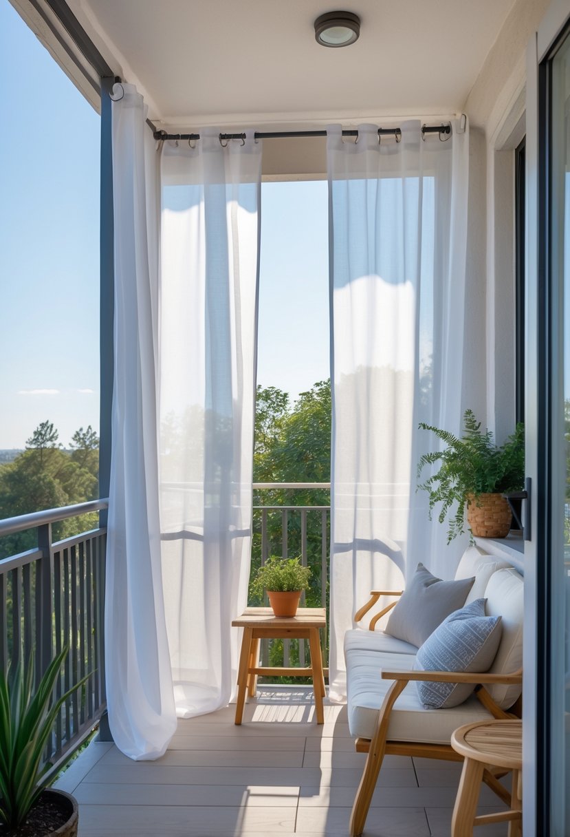 12 Budget-Friendly Closed Balcony Designs for Under $100 6 A closed balcony with sheer white curtains, a small table, potted plants, and comfortable seating.