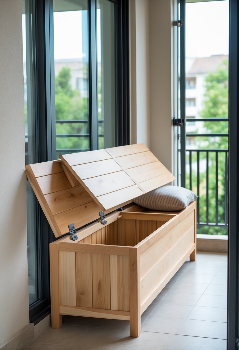 12 Budget-Friendly Closed Balcony Designs for Under $100 7 A simple wooden bench with storage underneath on a closed balcony with large glass windows and natural light.