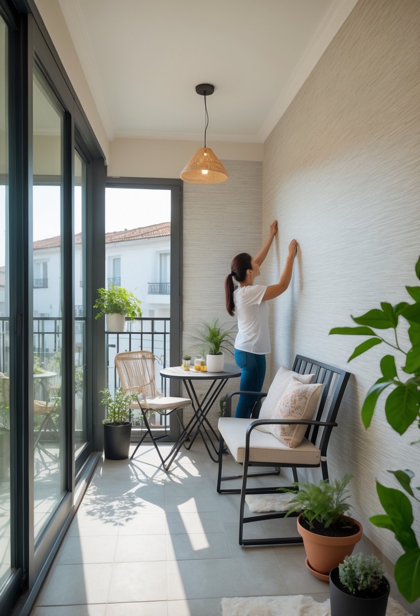 12 Budget-Friendly Closed Balcony Designs for Under $100 9 A person applying peel-and-stick wallpaper on the walls of a small closed balcony with glass windows, simple furniture, and plants.