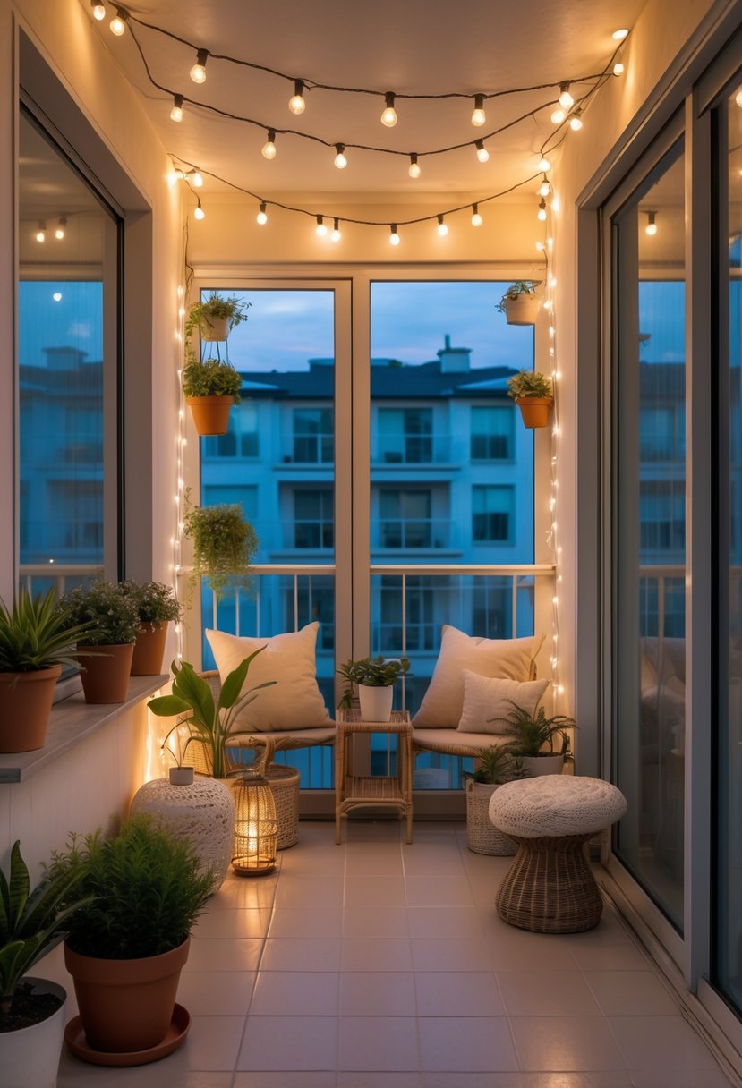12 Budget-Friendly Closed Balcony Designs for Under $100 10 A closed balcony decorated with battery-operated LED string lights, plants, and comfortable seating.