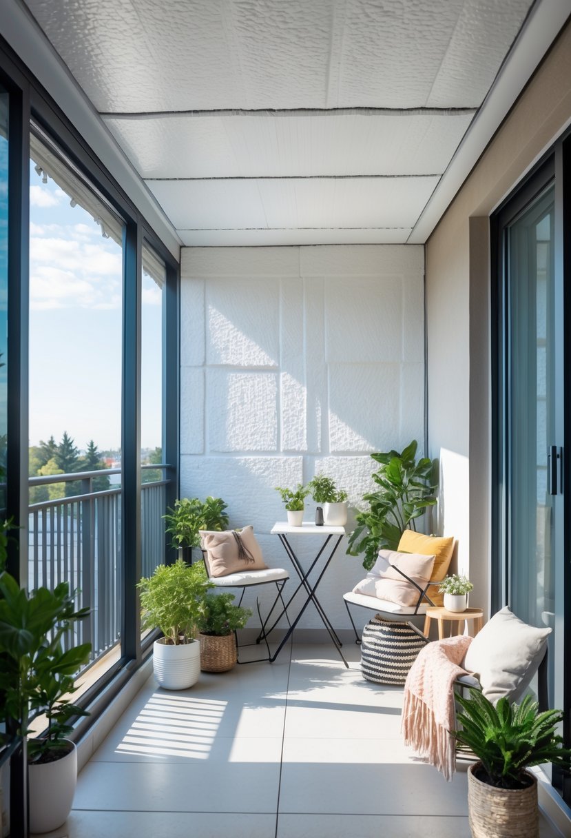 12 Budget-Friendly Closed Balcony Designs for Under $100 11 A small closed balcony with foam ceiling panels, simple furniture, and plants, illuminated by natural light.