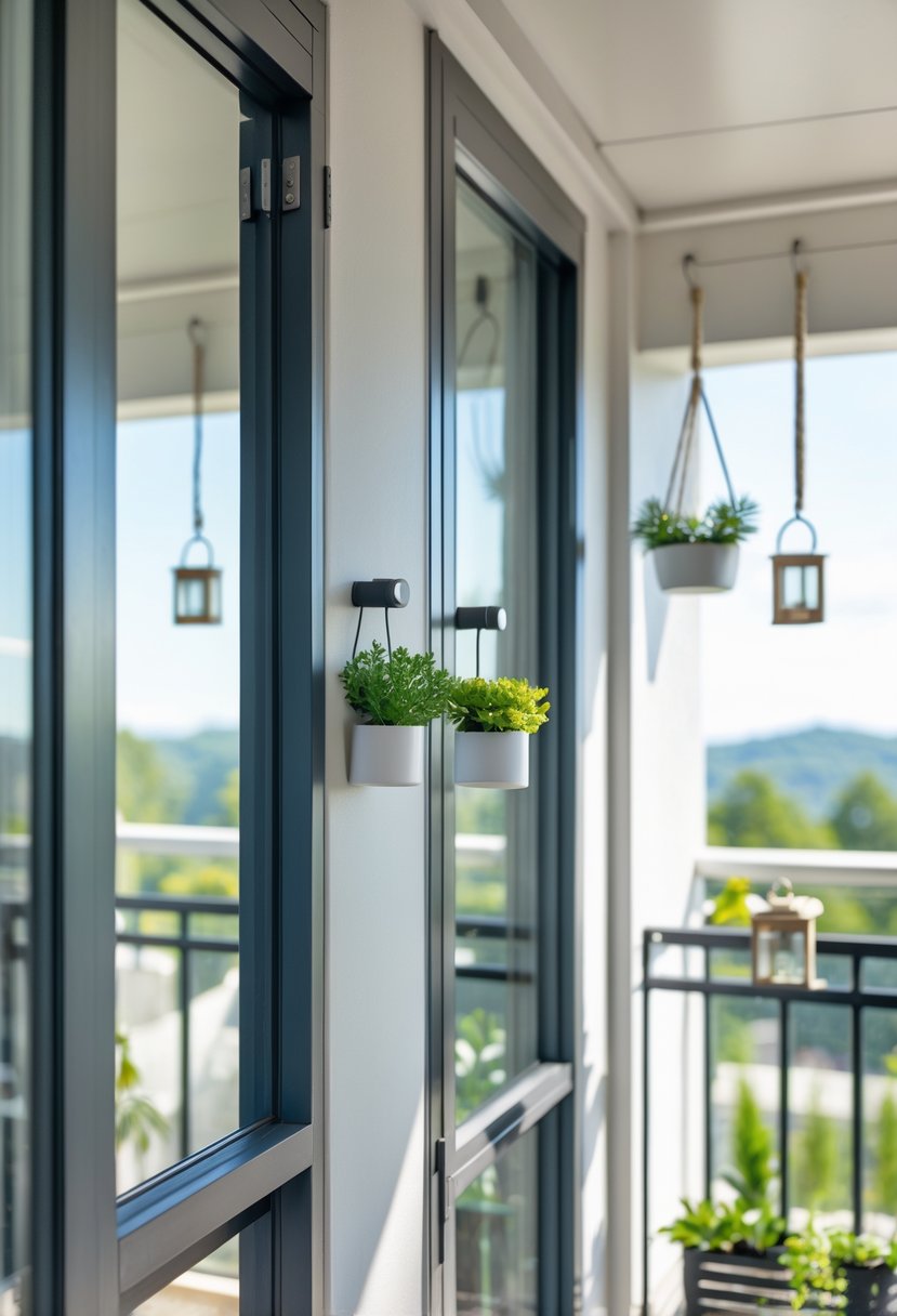 12 Budget-Friendly Closed Balcony Designs for Under $100 13 Close-up of magnetic hooks attached to metal frames holding hanging decor on a closed balcony with plants and sunlight.