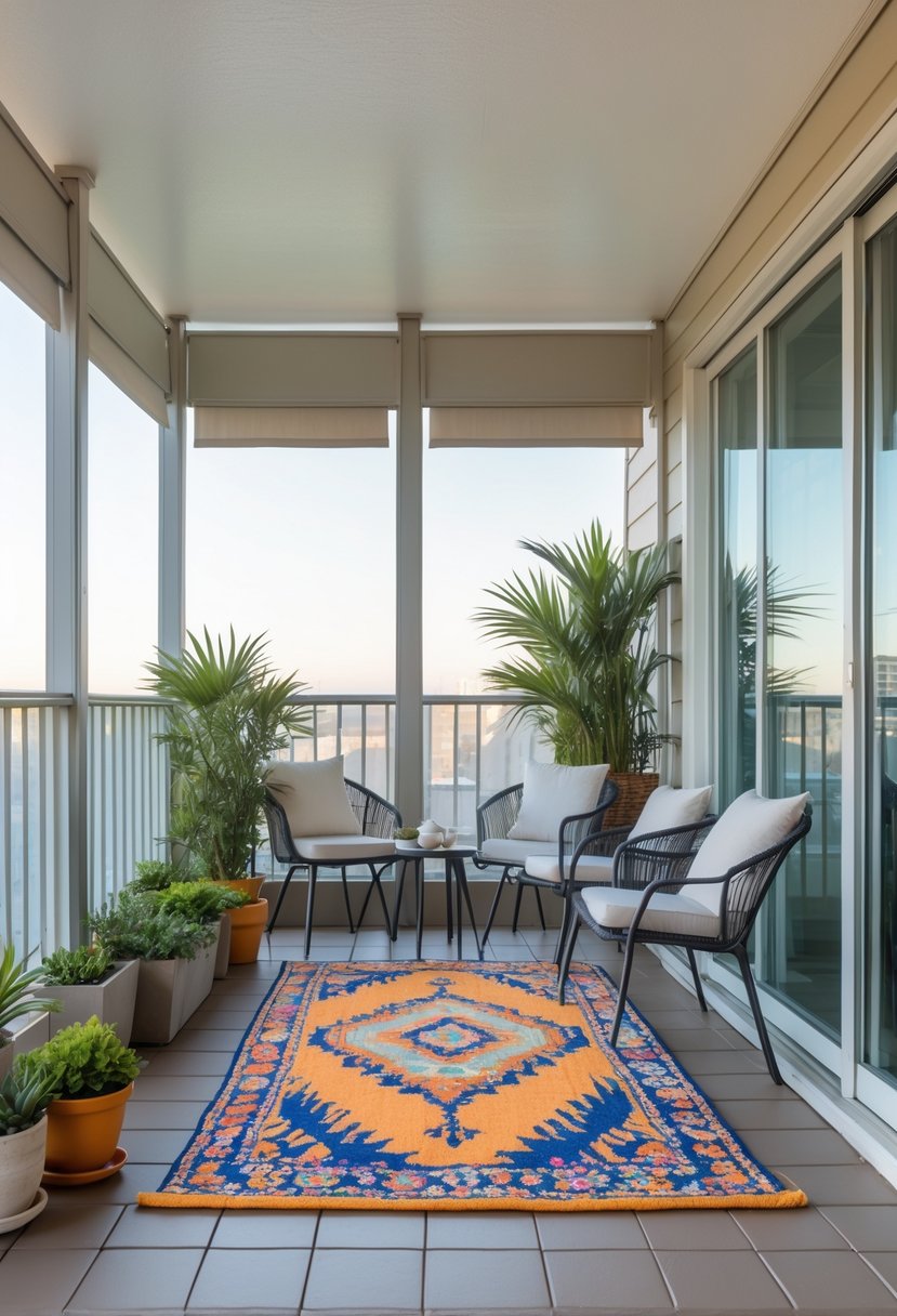 12 Budget-Friendly Closed Balcony Designs for Under $100 14 A closed balcony with a seating area defined by an outdoor rug, chairs, a small table, and potted plants.