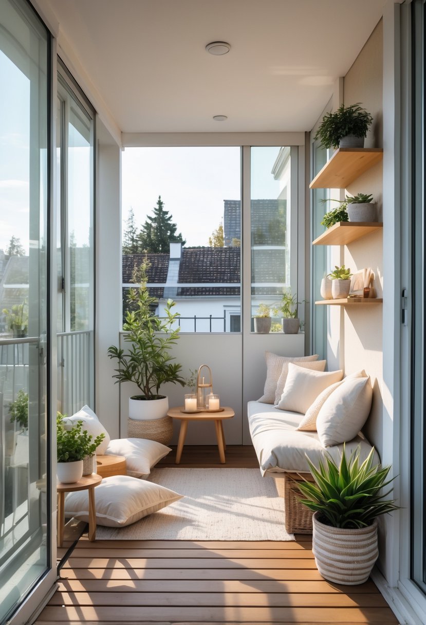 12 Budget-Friendly Closed Balcony Designs for Under $100 15 A cozy closed balcony with glass windows, a small wooden table, cushions, and potted plants.