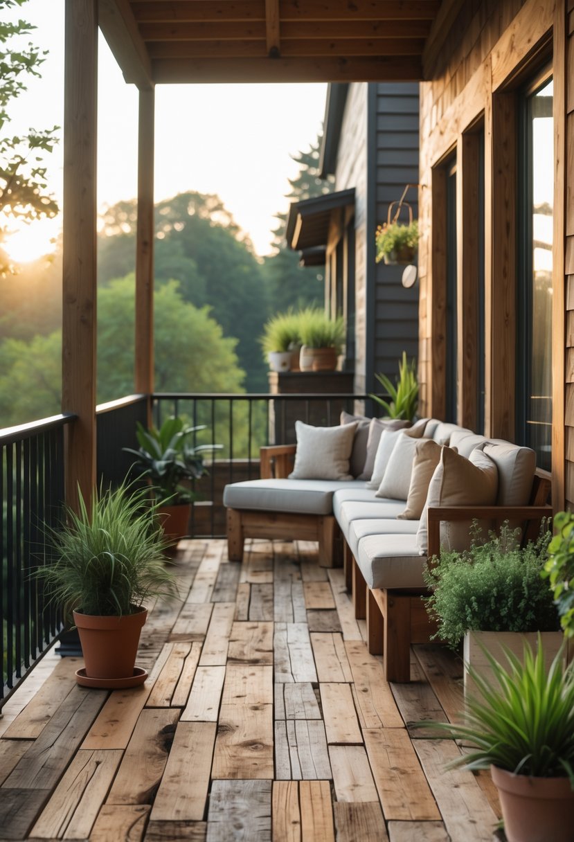 A balcony with wooden flooring, seating, potted plants, and a view of trees in natural light.