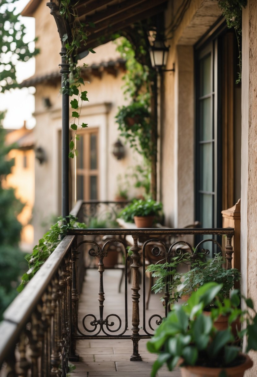 A balcony with decorative wrought iron railings, plants, and a building facade in the background.