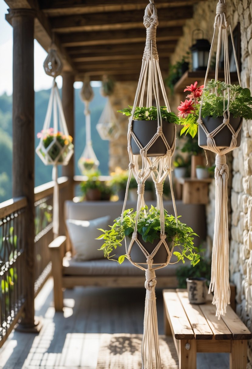A balcony with wooden railings and stone walls, decorated with hanging macramé plant holders containing green plants and flowers, with outdoor furniture and soft sunlight.