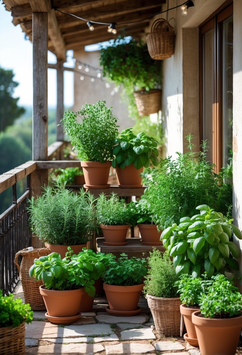 A balcony with several terracotta pots containing green herbs arranged on a wooden railing and floor, surrounded by rustic decor.