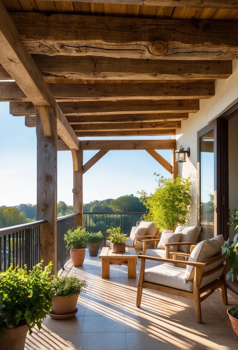 A rustic balcony with an exposed wooden beam pergola, outdoor furniture, potted plants, and sunlight filtering through the beams.