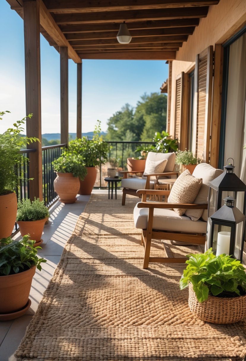 A balcony with woven outdoor rugs, wooden chairs, green plants, and soft natural light creating a cozy outdoor space.