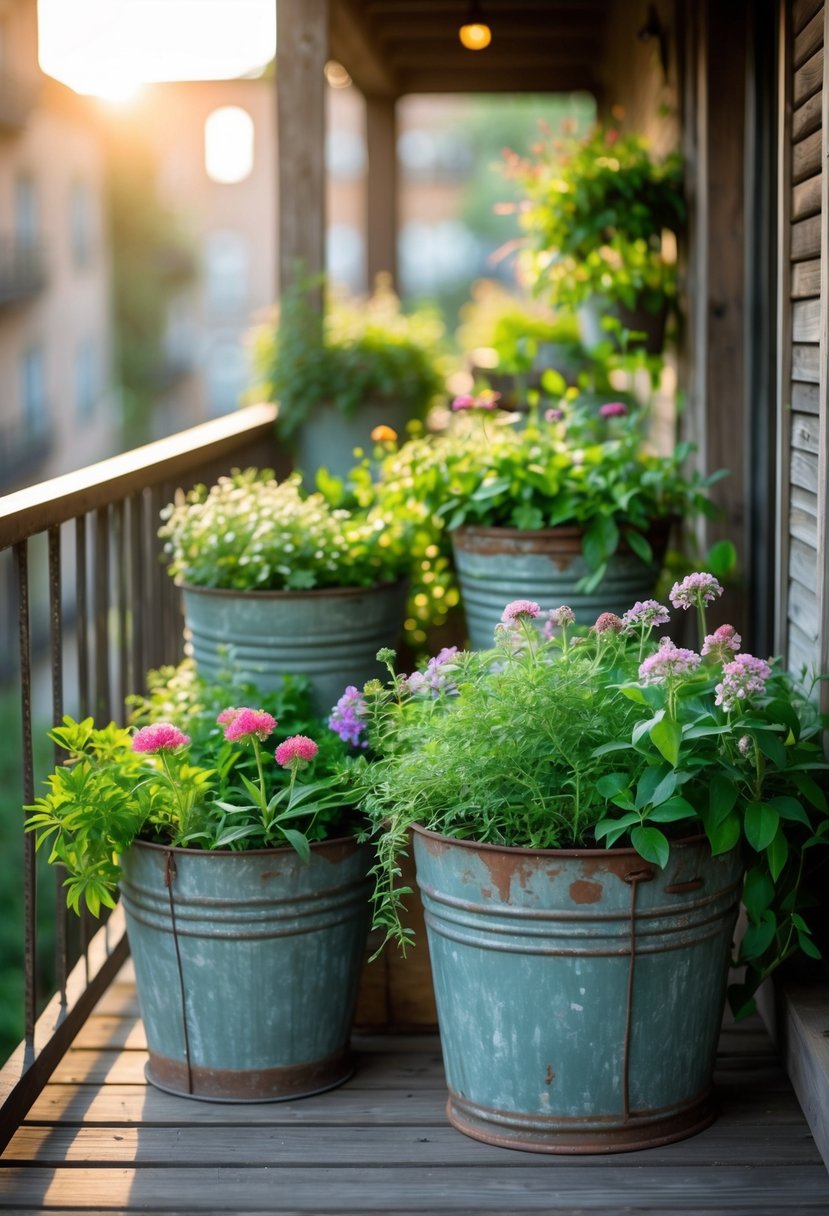 A balcony with several antique metal bucket planters filled with green plants and colorful flowers.