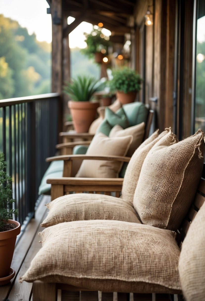 A balcony with wooden seating and textured burlap cushions surrounded by potted plants and natural light.