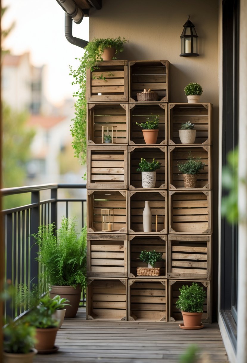 A balcony with rustic wooden crate shelving holding potted plants and decorative items.