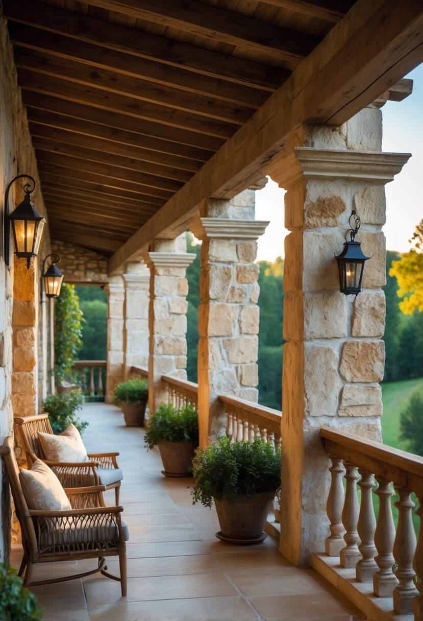 A rustic balcony with weathered stone pillars and wooden railings overlooking a green garden under soft sunlight.