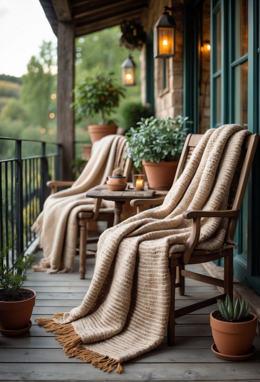 A rustic balcony with wooden chairs draped in cozy wool blankets surrounded by plants and warm lighting.