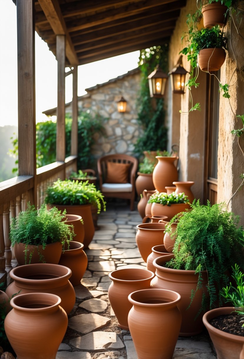 A balcony decorated with handcrafted clay pots filled with green plants, wooden railings, and rustic outdoor furniture.