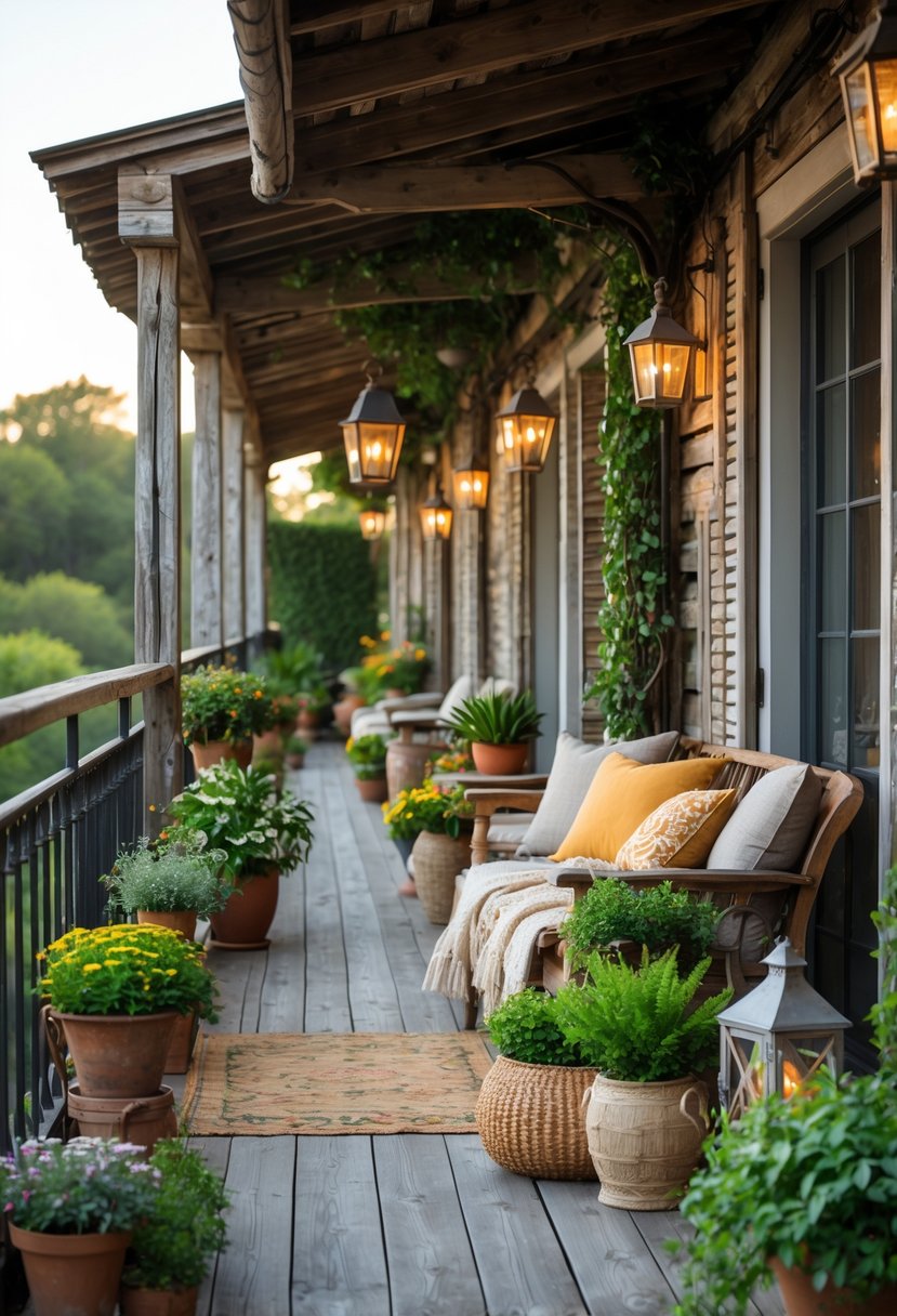 A collection of rustic balconies with wooden railings, plants, and cozy seating in an outdoor setting.