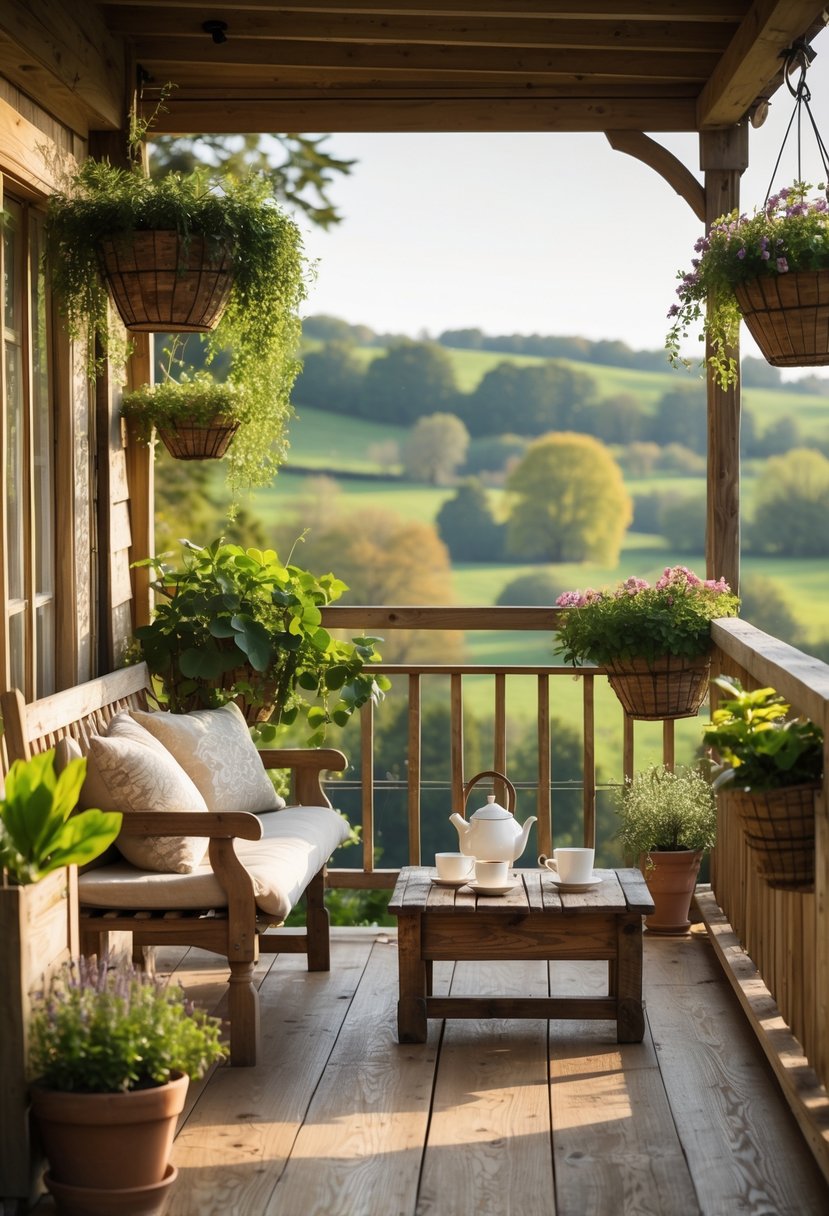 A rustic balcony with wooden railings, green plants, a wooden bench with cushions, and a small table, overlooking a countryside view.