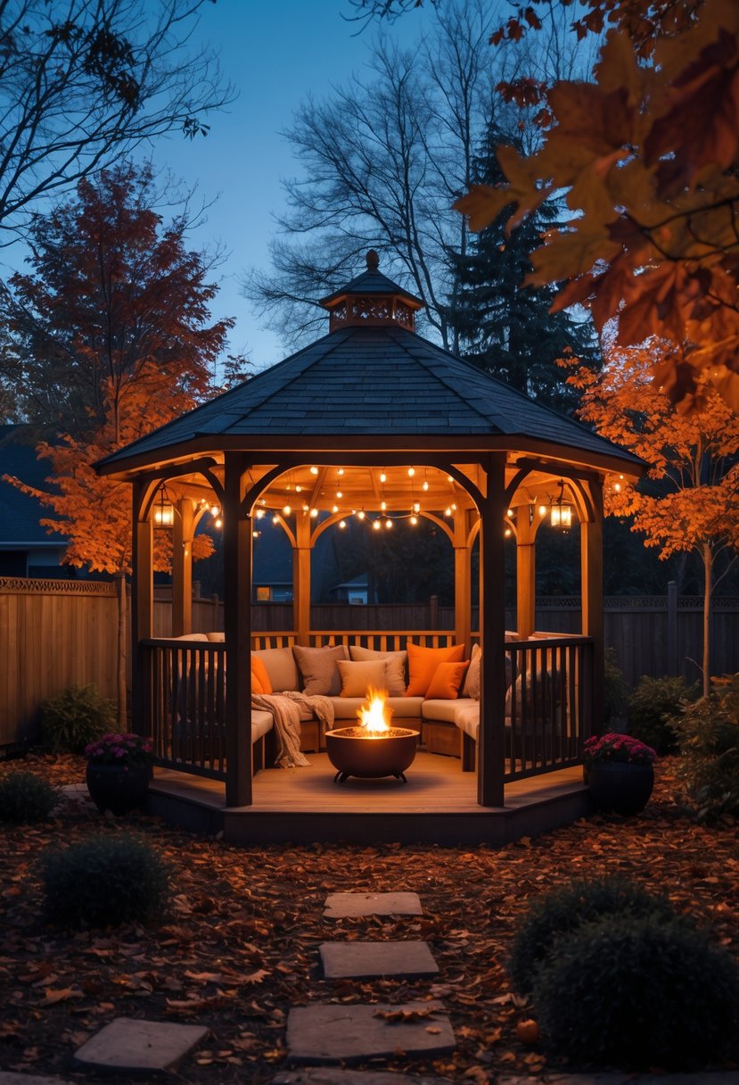 A wooden backyard gazebo lit with warm lights surrounded by autumn leaves and cozy seating, set in a fall or early winter evening.