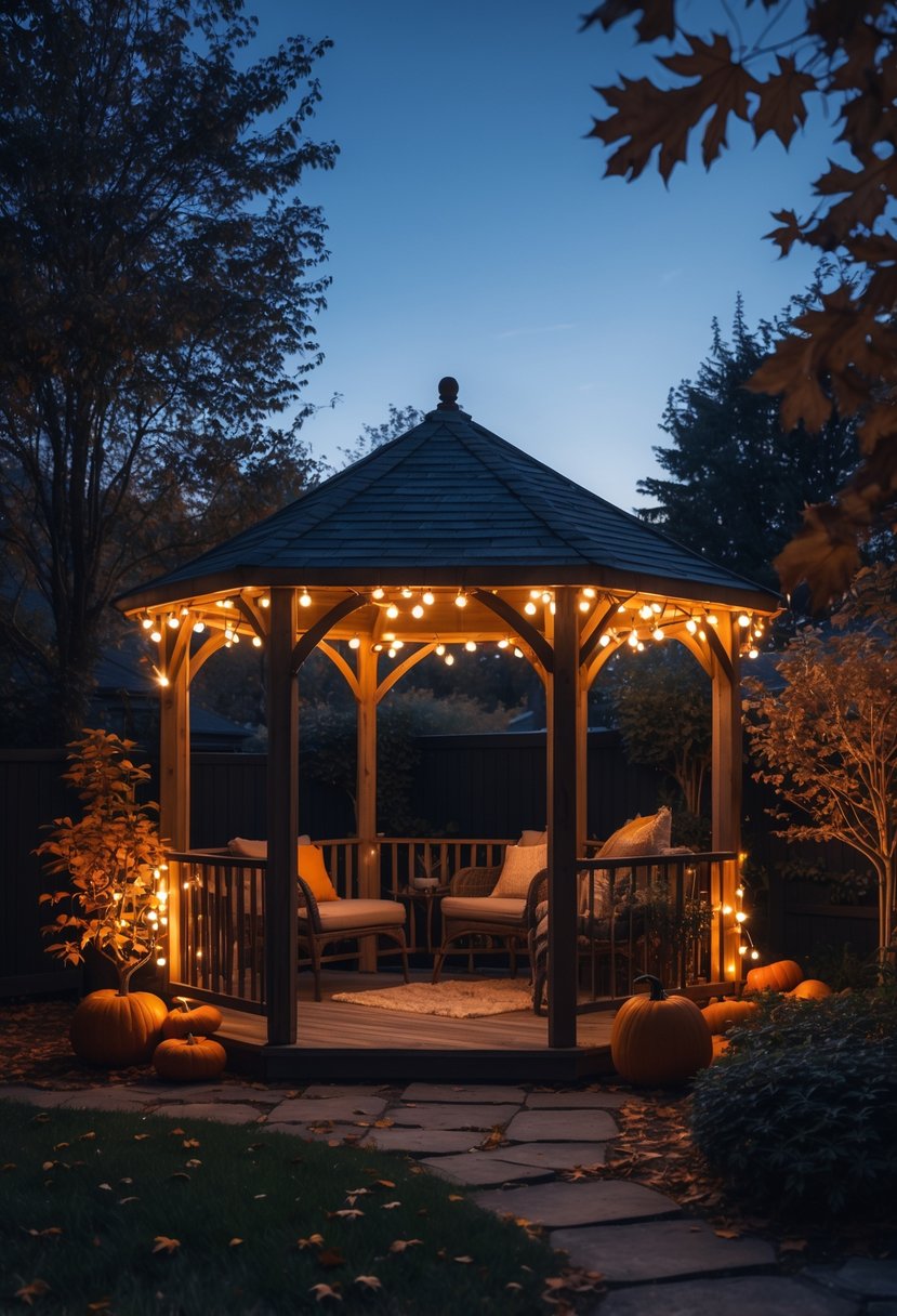 A backyard gazebo decorated with string lights wrapped around its frames, surrounded by fall foliage and outdoor furniture at dusk.