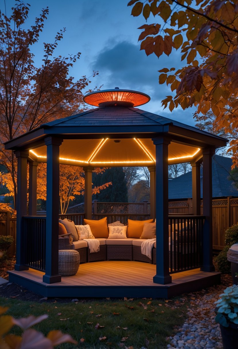 A backyard gazebo at dusk with an infrared ceiling heater glowing warmly inside, surrounded by fall foliage and cozy seating.