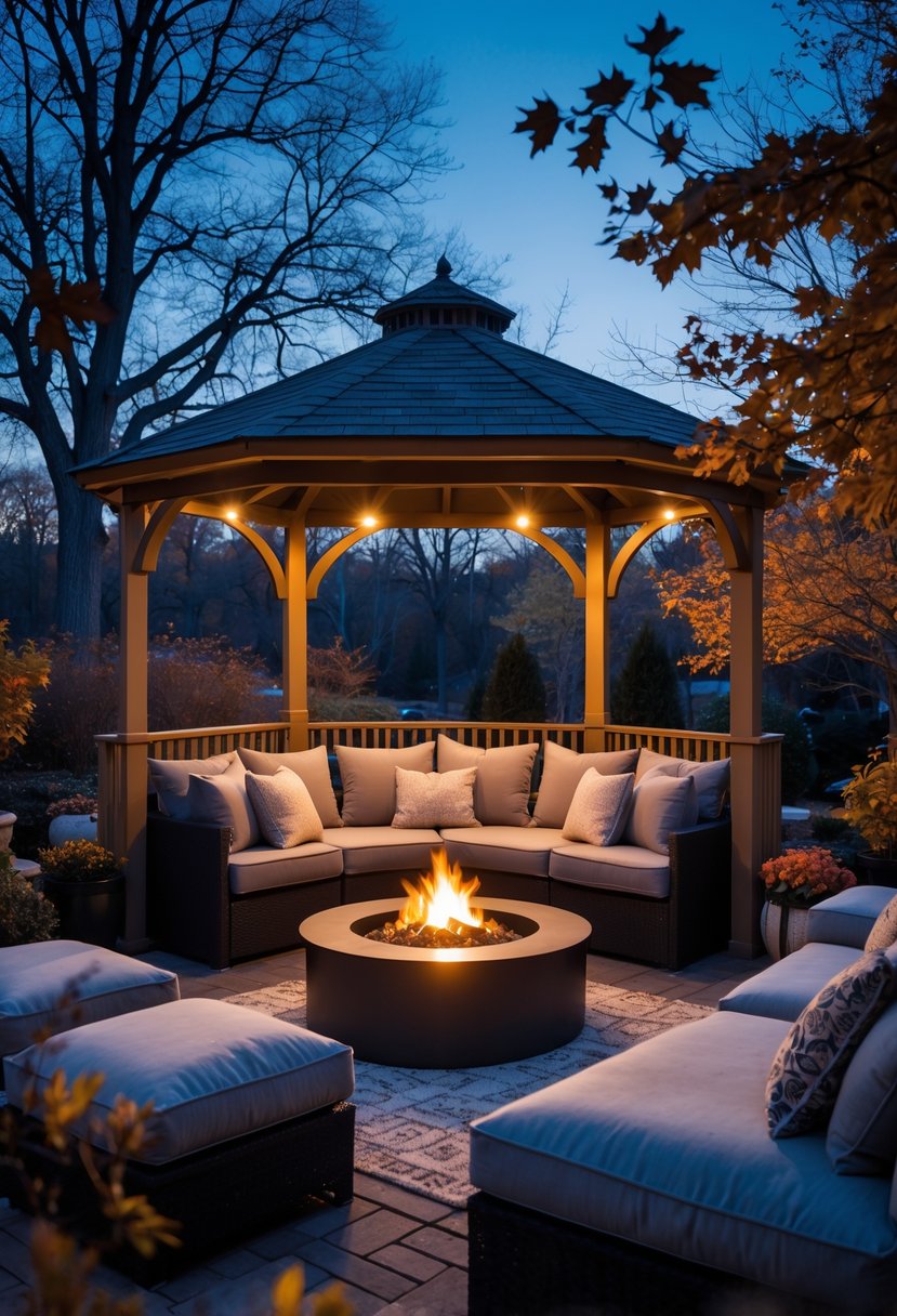 A cozy backyard gazebo with plush outdoor seating and weatherproof cushions surrounded by fall foliage at night.