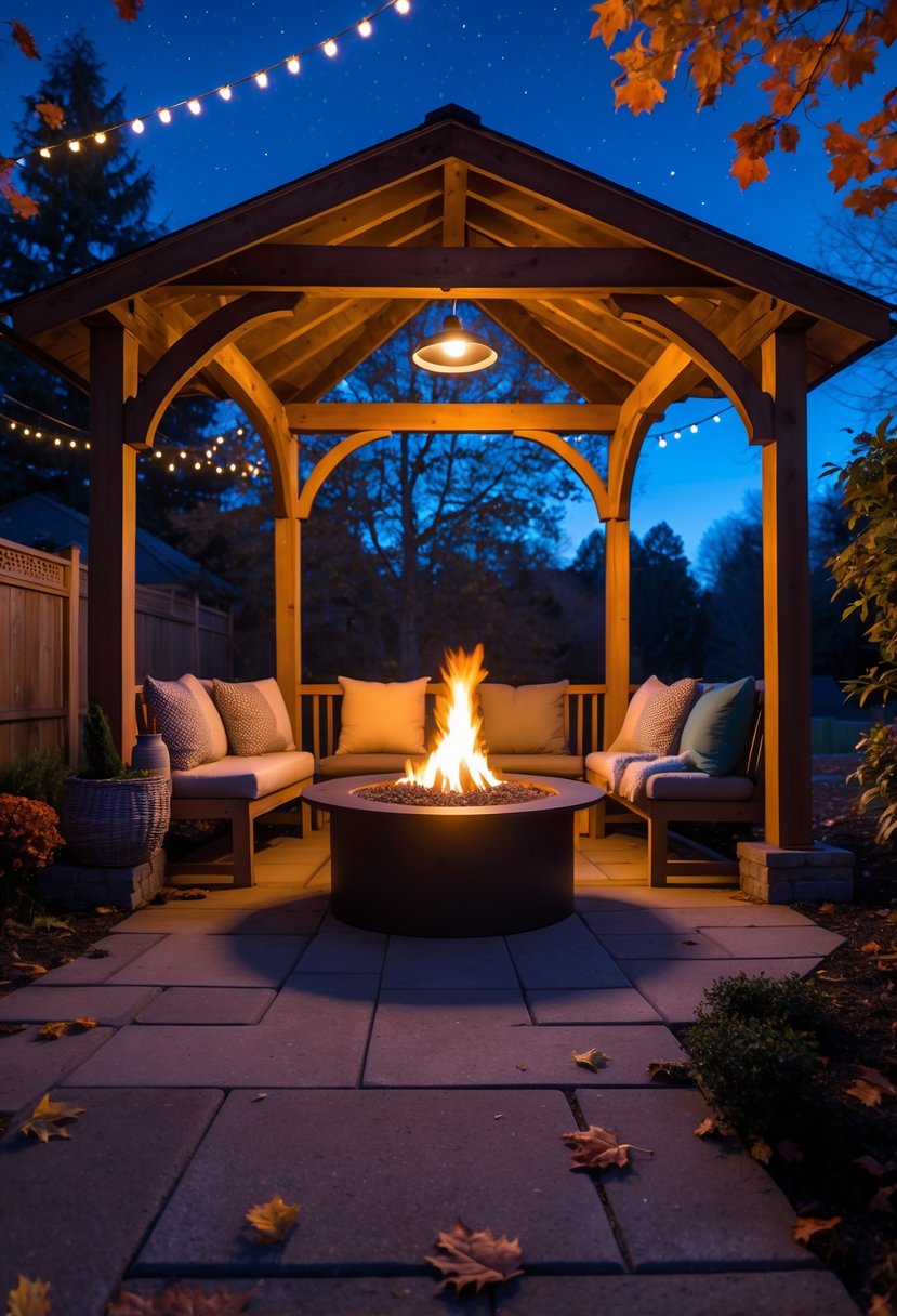 A backyard gazebo with a fire pit in the center, surrounded by seating and autumn leaves at night.
