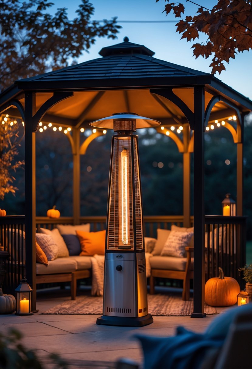 A backyard gazebo with a patio heater surrounded by autumn leaves and warm outdoor furniture at dusk.