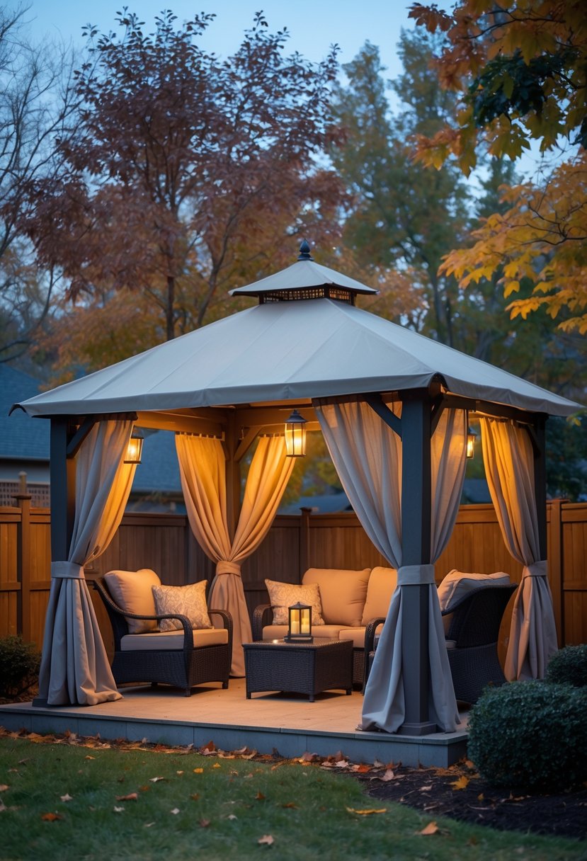 A backyard gazebo with drapes around it for wind protection, lit warmly in a fall or winter evening setting surrounded by trees and fallen leaves.