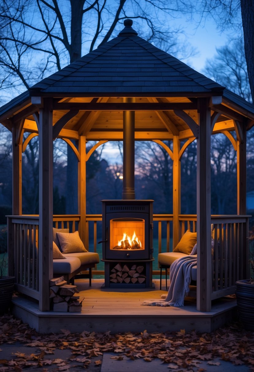 A backyard gazebo with a wood-burning stove glowing warmly inside, surrounded by cozy seating and autumn leaves.