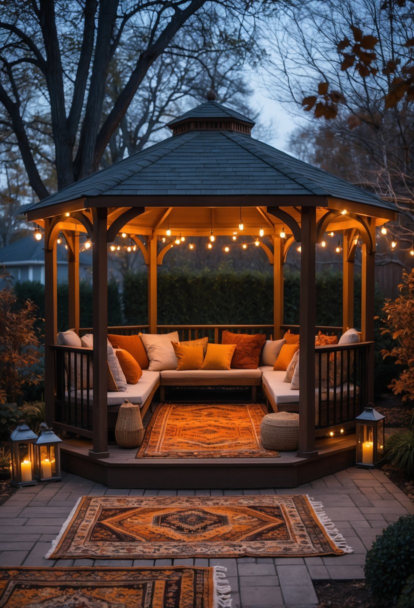A backyard gazebo decorated with layered rugs and warm-colored cushions, illuminated by soft lights during a fall evening.