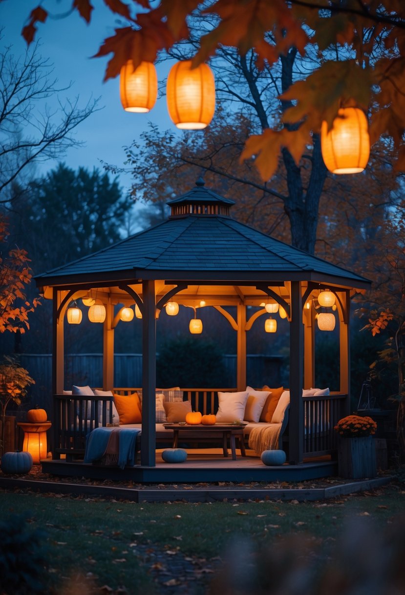 A backyard gazebo lit by hanging lanterns surrounded by autumn leaves during a calm evening.