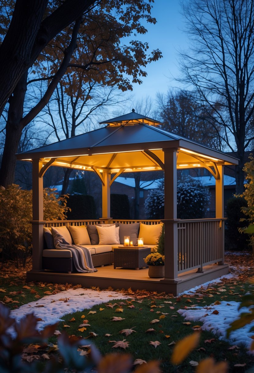 A backyard gazebo at night with warm lighting, surrounded by autumn leaves and bare trees, showing cozy seating inside.
